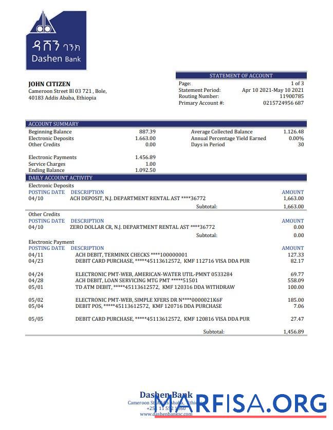 Downloadable Ethiopia Dashen bank statement word example
